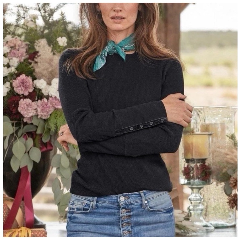 Sundance Women Blue Thermal Waffle Knit Top Velvet Button Cuff Large